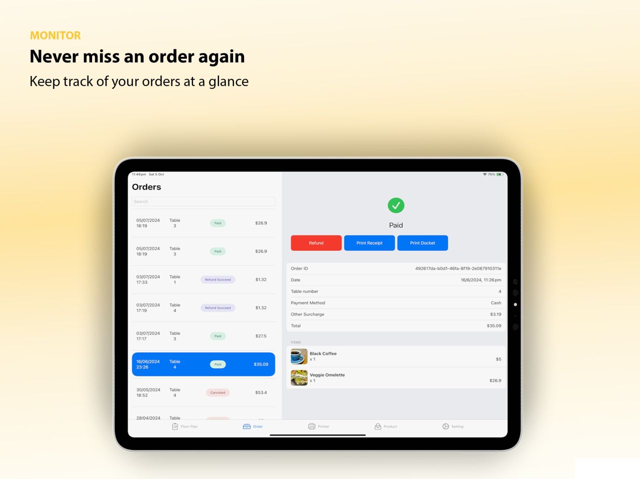 Order list and order details on iPad